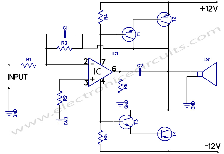 Circuito amplificador de 12w usando 741 ampères Op IC