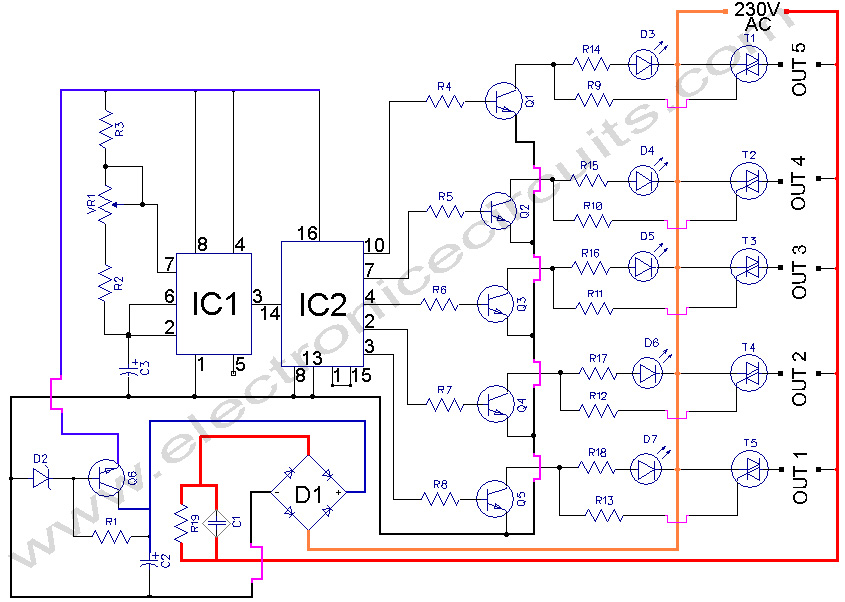 5 way AC flasher 230V circuit
