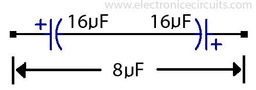 Fig.3 the making of a non-polarised capacitor, using two electrolytic (polarised) capacitor of twice the desired value.