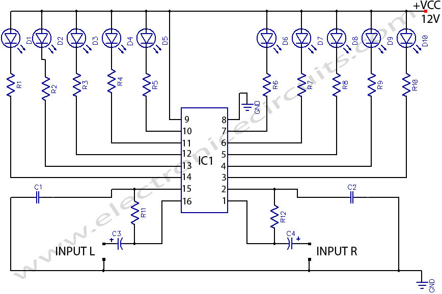 LED STEREO sound LEVEL INDICATOR circuit for audio amplifier circuit diagram