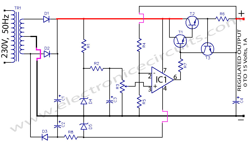 regulated power supply circuit using 741 op amp  ic and 2n3055 transistor