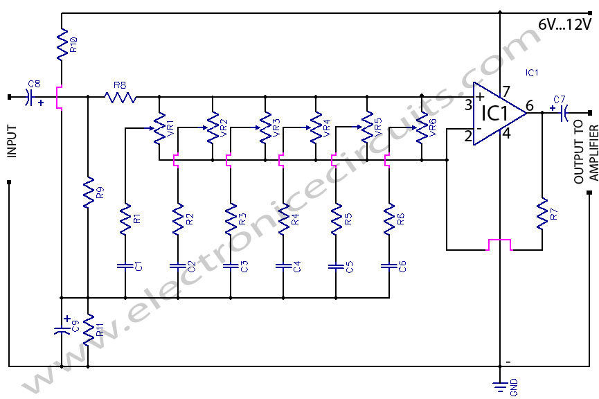 6 band graphic equaliser circuit using 741 op-amp bass treble control