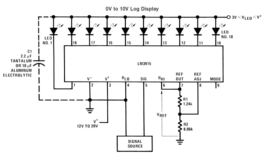 LM3915 Typical Applications 0V to 10V Log LED Display