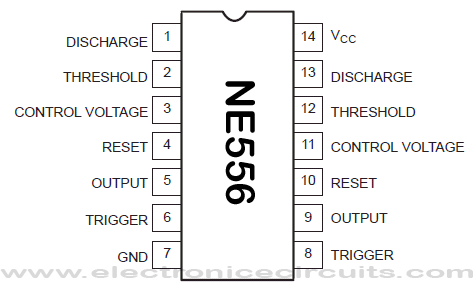 NE556 Dual timer IC pin configuration