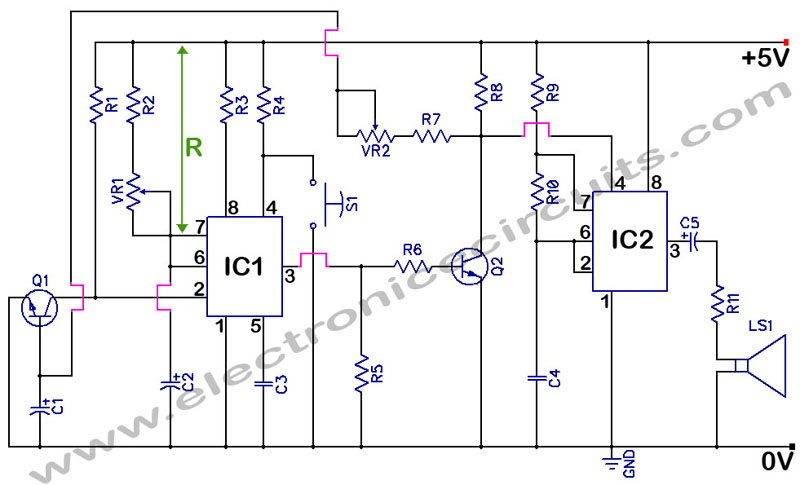 NE555 Timer With Audio Alarm circuit diagram