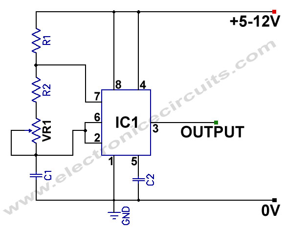 555 Variable Frequency Square Wave Generator oscillator circuit