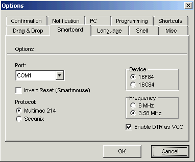 ic-prog smartcard setting for pic16f84