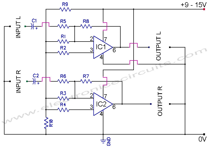 741 Stereo PreAmplifier Circuit Diagram