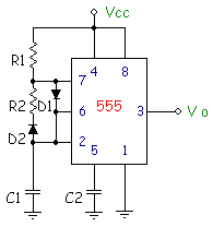 555 Timer Astable Duty cycle < 50 Circuit