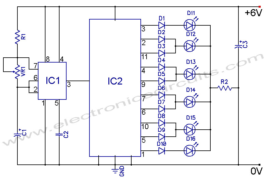 led knight rider circuit diagram using 4017 and 555 ic's