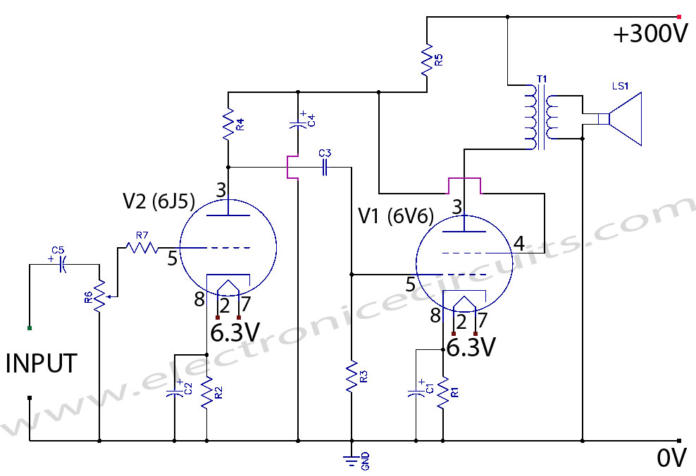 6V6 6J5 Class A Valve (Vacuum Tube) Amplifier Circuit diagram 6V6 6J5 Class A Vacuum Tube Amplifier Circuit