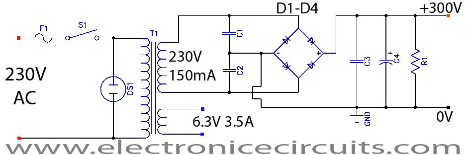 Valve Vacuum Tube Audio Amplifier Power supply Circuit schematic