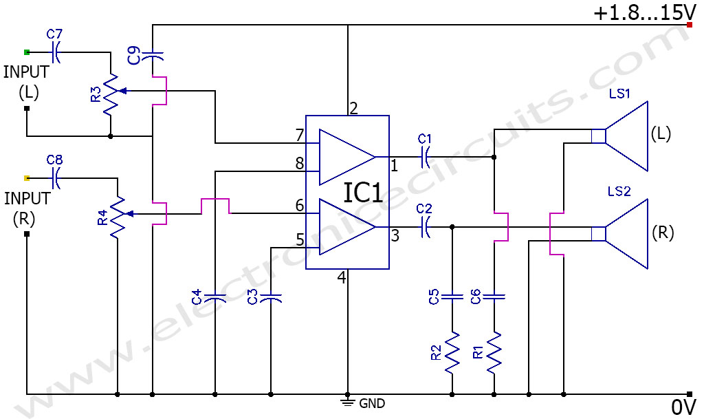 3V Battery Powered Stereo  Amplifier Circuit TDA2822M