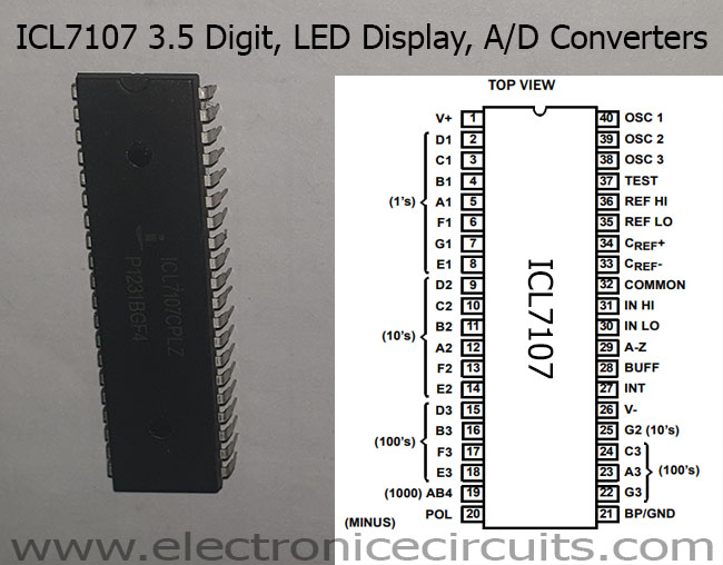 ICL7107 panel meter 3.5 Digit, LED display, A/D converters IC PINOUT